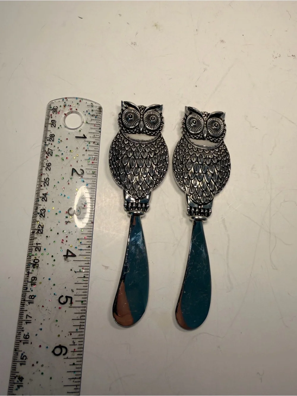 Set of 2 Silver Tone Metal Owl Butter Spreader Knives